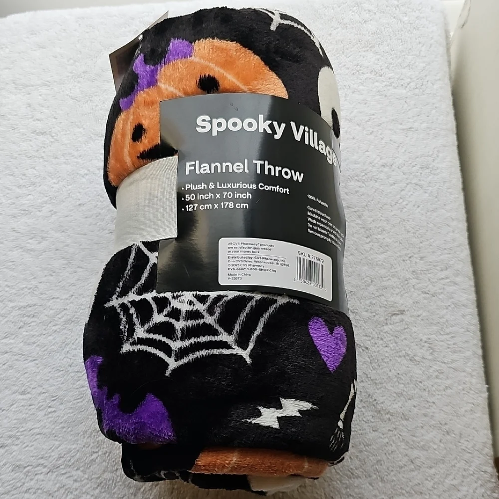 New Spooky Town Halloween Flannel Throw Black Orange Purple 70x50
